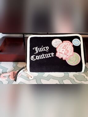 Juicy Couture Black Velvet Double Zip Wallet with Patch Accents